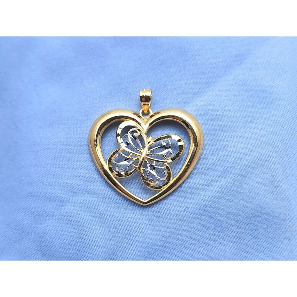 10k Two Tone Multi Color Gold Diamond Cut Open Heart Butterfly Charm Pendant